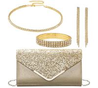 OUAYEMEL Women Glitter Envelope Clutch Bag Sequins Evening Wedding Handbag Purse Bridal Prom Party Shoulder Bags Elegant 4 piece Rhinestone Jewelry Set for Women Gold