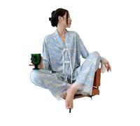 OUBOSI Spring Summer Chinese Style Silk Pajamas Cool V Neck Light Blue High-grade Luxury Homewear Lace Trim Youth Lady's Loungewear Set,blue,65-75kg