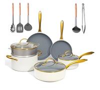 OUBRL Ceramic Cookware Set,Healthy,Non Toxic,Pot and Pan Set Non Stick, Kitchen Induction Cooking Sets, with silicione Utensils,Dishwasher/Oven Safe,PFOS/PFOA Free,White/Cream Gold (Cream,Grey,Gold)