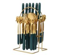 OUBUBY 24PC Cutlery Dinner Tableware Set Stainless Steel Silverware with Hanging Stand for 6 Person, Mirror Polishing Flatware Set Service Includes Forks, Spoons, Forks Tea Spoons (Gold+ Dark Green)