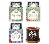 Oud Al Teeb, Oud Al Raghbah, Oud Al Awatef Bakhoor عود بخور by Dukhni - (3 Trays x 9 piece each) & Oriental Exotic Burner مبخرشمعدان | Perfect for Prayer & Meditation. Great Gift