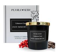 Oud Immortal Scented Soy Candle by Pearla Nera | Rose, Woody, Balsamic Aromatherapy | Pink Pepper, Lime, Saffron, Clove | Long-Lasting Candle Gift Set Amber Jar