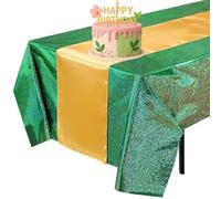 Oudain 2 Pcs Wizard Party Holographic Tablecloth 54" x 108" Green Metallic Plastic Shiny Laser Tablecloth Yellow Brick Runner for Witch Princess Themed Birthday Party Decorations