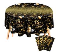 Oudain 3 Pack 18th Round Birthday Tablecloth Black and Gold Happy Birthday Party Decorations 84 inch Disposable Plastic Table Cover Anniversary Party Supplies for Men Women