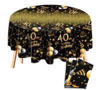 Oudain 3 Pack 40th Round Birthday Tablecloth Black and Gold Happy Birthday Party Decorations 84 inch Disposable Plastic Table Cover Anniversary Party Supplies for Men Women