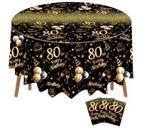 Oudain 3 Pack 50th/70th/80th Round Birthday Tablecloth Black and Gold Happy Birthday Party Decorations 84 inch Disposable Plastic Table Cover Anniversary Party Supplies for Men Women(80th)