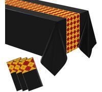 Oudain 3 Pcs 3 Pcs Wizard Tablecloth 54 x 108 Inches Plastic Black Table Cover Red Golden Tablecloth Disposable Magical Party Supplies for Halloween Witch Birthday Party Decoration (Rhombus)
