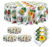Oudain 3 Pcs Hawaiian Tablecloth 84 Inch Tropical Palm Leaves Flower Round Table Cloth Plastic Disposable Floral Circular Luau Tablecloth Waterproof Summer Table Cover for Beach Camping Picnic Party
