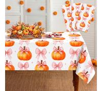 Oudain 3 Pcs Pink Bow Pumpkin Tablecloth Pink Fall Baby Shower Party Decoration Coquette Dinner Supply Bow Birthday Wedding Thanksgiving Party Tableware Set A Little Pumpkin is on the Way