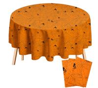 Oudain 3 Pcs Round Halloween Tablecloth 84 Inch Plastic Spider Web Tablecloth Disposable Cobweb Halloween Round Table Cover for Birthday Party Dining Table Decorations Supplies (Orange)