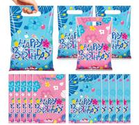 Oudain 50 Pcs Cartoon Party Favors Gift Bags with Handles Plastic Hawaiian Birthday Candy Treats Packing Blue and Pink Themed Snack Bags for Summer Tropical Aloha Birthday Party Favor