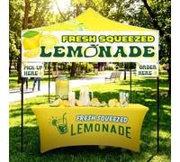 Oudain 6 ft Yellow Lemonade Stand Tablecloth Lemon Stretch Spandex Table Cover and 3 x 10 ft Fresh Squeezed Lemonade Banner Backdrop with Order Here Pick up Here Signs for Lemon Stand Kit Supplies