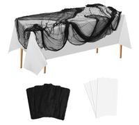 Oudain 6 Pack Halloween Table Decorations 3 Pcs 108" x 54" Disposable Plastic Tablecloth 3 Pcs 108'' x 85'' Gauze Table Cover Runner for Outdoor Scary Spooky Party Dining Decor (White+Black Gauze)