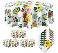 Oudain 6 Pcs Hawaiian Tablecloth 84 Inch Tropical Palm Leaves Flower Round Table Cloth Plastic Disposable Floral Circular Luau Tablecloth Waterproof Summer Table Cover for Beach Camping Picnic Party