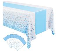 Oudain 6 Pcs White and Blue Tablecloth for Parties Plastic Dot Tablecloths Printed Table Runner Waterproof Disposable Rectangle Table Cover for Birthday Wedding Graduation Party, 54" x 108"