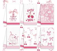 Oudain 6 Pieces Pink Coquette Kitchen Dish Towel Bow Cherry Aesthetic Hand Towels Set for Kitchen Bathroom Decoration Preppy Novelty Pink Gifts for Women