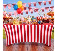 Oudain 6ft Carnival Tablecloth Red and White Striped Spandex Tablecloth Carnival Circus Party Decoration Striped Fitted Stretch Table Cover for Standard Folding Tables Party Picnic Decoration