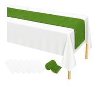 Oudain Artificial Grass Table Runner 12 x 36 Inch Green Fake Grass Turf Table Runner with 6 Pcs Disposable Plastic Tablecloth for Golf Football Baby Shower Party Wedding Birthday(White,Classic Style)
