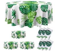Oudain Hawaiian Tablecloth 84 Inch Tropical Palm Leaves Flower Round Table Cloth Plastic Disposable Floral Circular Luau Tablecloth Waterproof Summer Table Cover for Beach Camping Party (Fresh)