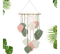 Oudain Large Macrame Wall Hanging Leaves Boho Green Leaf Macrame Tapestry Decor Leaf Feather Woven Hanging Wall Art Bohemian Decoration for Bedroom Living Room Nursery 16.5 x 35.4 Inch(Pink)