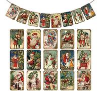 Oudain Pack of 15 Vintage Style Christmas Hanging Banners with Red Ribbon, Traditional Vintage Victorian Style Christmas Bunting Decoration, Santa Claus, Party Banner