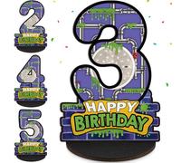 Oudain Turtle 3rd Birthday Number Sign Centerpiece 11.8'' Cartoon Video Theme Wooden Number 3 Table Decoration for Photo Prop Birthday Party Supplies