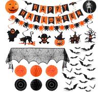 Ouddy Life Halloween Decorations Party Indoor Set, Happy Halloween Banner, Hanging Swirls, Honeycomb Balls, Paper Fans Lanterns Pompoms, Fireplace Mantel Scarf, Bat Stickers for Holiday Home Decor