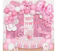 Ouddy Life Pink Bow Birthday Decorations, Coquette Themed Party Supplies with Light Pearl Pink White Confetti Long Balloons Happy Birthday Banner Paper Tassel Cake Toppers for Women Girls Baby Shower