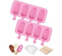 Ouddy Life Popsicle Molds Set of 2, Ice Pop Molds Silicone 4 Cavities Ice Cream Mold Oval Cake Pop Mold with 50 Wooden Sticks for DIY Popsicle, Pink