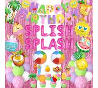 Ouddy Life Summer Pool Beach Party Decorations, Splish Splash Birthday Party Decoration Pink Balloons Banner Cake Topper for Swimming Water Luau Tropical Theme Hawaii Holiday Party Decor Supplies