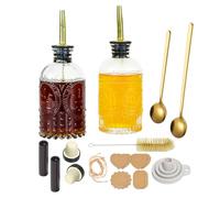 Oudizz 2 Pack Olive Oil Dispenser Bottle for Kitchen - 200ml Clear Glasses Oil and Vinegar Dispenser Set with Spouts, Bottle Stopper, Spoon, Brushes, Funnel and Labels