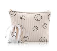 OUDQFCJ Pack of 2 Cosmetic Bag, Portable Make Up Bag with Cute Smile Face, Corduroy Exterior & Improved Canvas Material Inside, for Travel, Children, Girls, Women, Beige