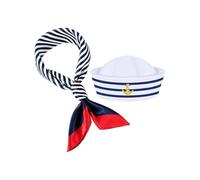 OUDQFCJ Sailor Hat & Scarf Set, 2 Pieces, Captain Blue and White Stripes and Square Scarf Set with Red Edge, Navy Blue, Sailor Man, Ideal for Nautical Party, Cosplay and Boat (Blue and White)
