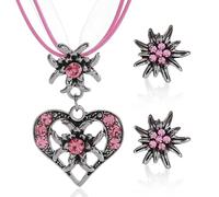 OUDQFCJ Traditional Jewellery Set for Women with Edelweiss Heart Pendant and Pink Earrings - Dirndl Accessories for Oktoberfest
