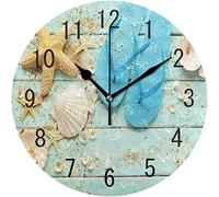 Oudrspo 10 Inch Silent Non-Ticking Wall Clocks Battery OperatedSummer Beach Starfish Seashell Sand on Wooden,for Office, Home, Bathroom
