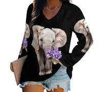 Oudrspo African Elephant with Violet Flower Women's Long Sleeve Shirt Tunic Tops Casual Loose Fit Blouses
