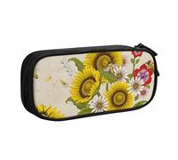 Oudrspo Bees Sunflowers Daisy Rose Flowers Printed Double Layer Stationery Pencil Pouch with Zipper, Large Capacity Storage Bag, Portable Stationery Case
