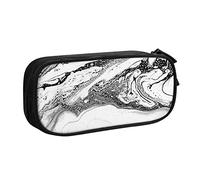 Oudrspo Black and White Marble Printed Double Layer Stationery Pencil Pouch with Zipper, Large Capacity Storage Bag, Portable Stationery Case
