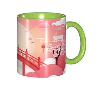 Oudrspo Chinese-Style Cartoon Double Color Ceramic Coffee Mug(11oz) Classic Round Handle Microwave Safe Tea Cup with Smooth Glossy Finish for Office and Home