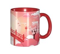 Oudrspo Chinese-Style Cartoon Double Color Ceramic Coffee Mug(11oz) Classic Round Handle Microwave Safe Tea Cup with Smooth Glossy Finish for Office and Home