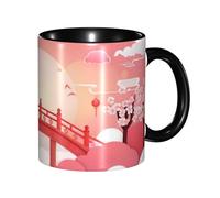 Oudrspo Chinese-Style Cartoon Double Color Ceramic Coffee Mug(11oz) Classic Round Handle Microwave Safe Tea Cup with Smooth Glossy Finish for Office and Home