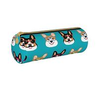 Oudrspo Cute Corgi Glasses and Mustaches Printed Leather Zipper Pencil Pouch, Portable Stationery Bag, Organizer Stationery Case, Unisex