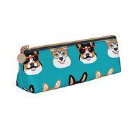Oudrspo Cute Corgi Glasses and Mustaches Printed Leather Zipper Pencil Pouch, Portable Stationery Bag, Organizer Stationery Case, Unisex