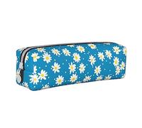 Oudrspo Cute Daisy Flower Florals Blue Pencil Pouch Round Pen Case Portable Pencil Bag Leather Organizer with Zipper Cosmetic Pouch Bag