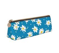 Oudrspo Cute Daisy Flower Florals Blue Pencil Pouch Triangle Pen Case Portable Pencil Bag Leather Organizer with Zipper Cosmetic Pouch Bag