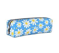 Oudrspo Cute Daisy Flowers Floral Blue Pencil Pouch Round Pen Case Portable Pencil Bag Leather Organizer with Zipper Cosmetic Pouch Bag