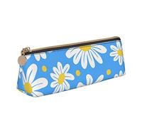 Oudrspo Cute Daisy Flowers Floral Blue Pencil Pouch Triangle Pen Case Portable Pencil Bag Leather Organizer with Zipper Cosmetic Pouch Bag
