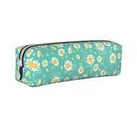 Oudrspo Cute Daisy Flowers Floral Green Pencil Pouch Round Pen Case Portable Pencil Bag Leather Organizer with Zipper Cosmetic Pouch Bag