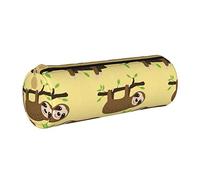 Oudrspo Cute Sloths On Yellow Lemons Printed Leather Zipper Pencil Pouch, Portable Stationery Bag, Organizer Stationery Case, Unisex