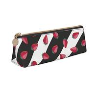 Oudrspo Cute Strawberry On Black and White Stripes Pencil Pouch Triangle Pen Case Portable Pencil Bag Leather Organizer with Zipper Cosmetic Pouch Bag